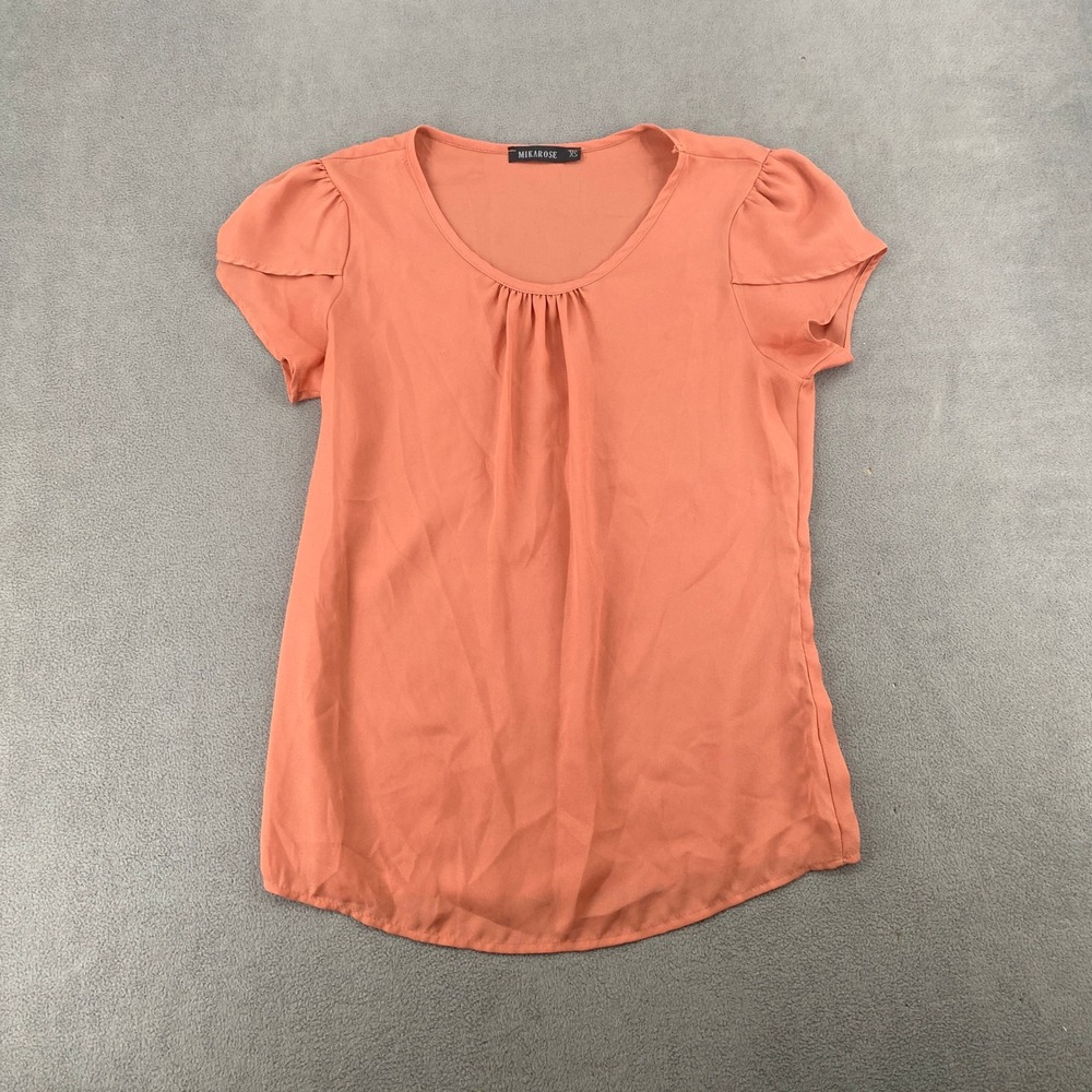 Mikarose Womens Coral Orange Short Sleeve Pleated Scoop Neck Blouse XS MW-10900